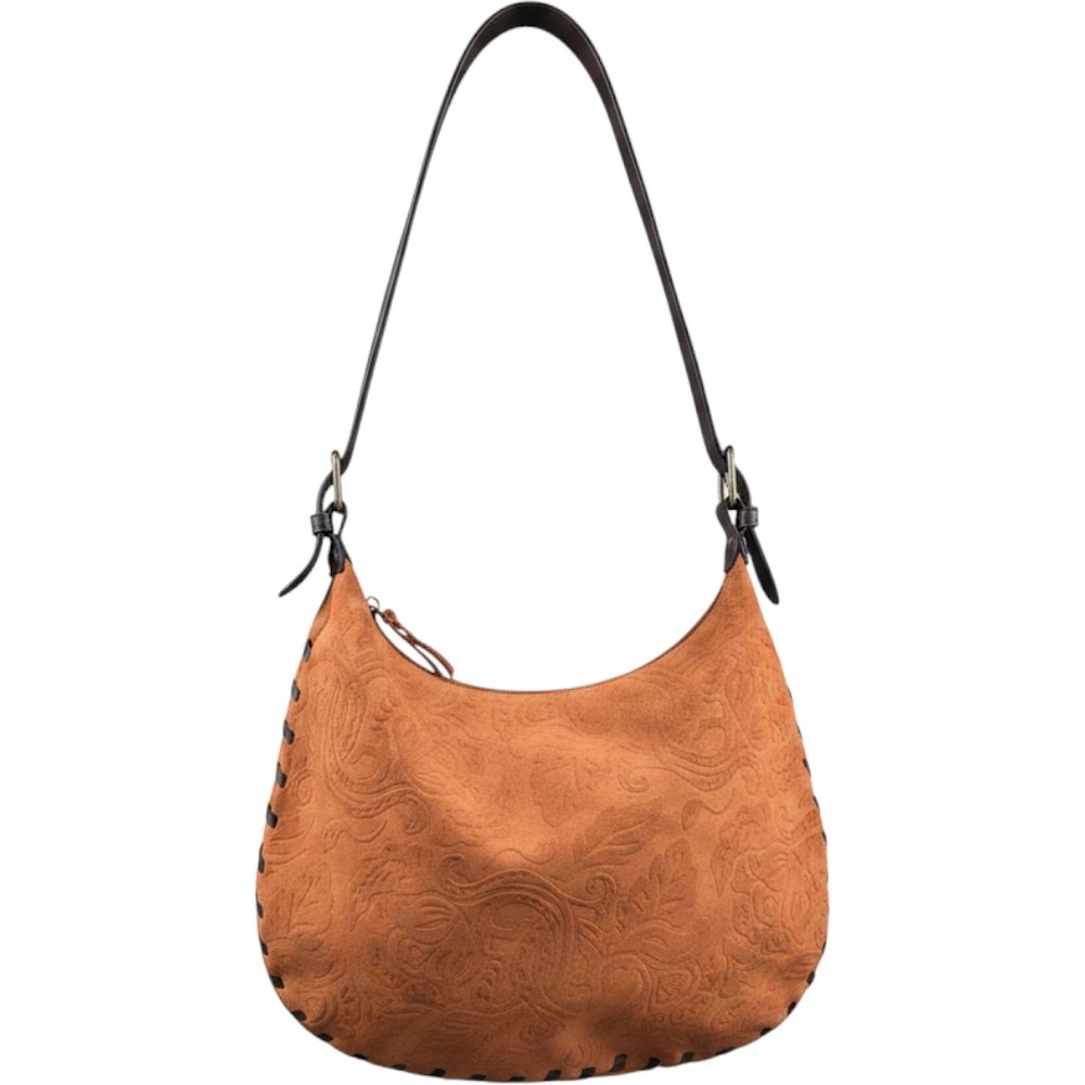 Vintage Bisou Bisou Michele Bohbot Tan Paisley Embossed Faux Suede Hobo Bag